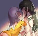  alternate_hairstyle ass blue_eyes breasts chabashira_tenko closed_mouth danganronpa dark_skin from_side frown green_hair hand_on_another's_face jacket large_breasts long_hair looking_at_another mole mole_under_mouth multiple_girls new_danganronpa_v3 nude open_mouth smile suurin_(ksyaro) wet wet_clothes wet_hair white_hair yellow_jacket yonaga_angie yuri 