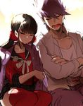  1girl bangs black_hair blush borrowed_garments closed_mouth crossed_arms danganronpa drooling earrings facial_hair goatee hair_ornament hairclip harukawa_maki jacket_on_shoulders jewelry leaning_on_person long_hair long_sleeves momota_kaito new_danganronpa_v3 open_mouth pants pleated_skirt purple_coat purple_hair purple_pants red_legwear red_shirt sailor_collar school_uniform shirt short_hair sidelocks sitting skirt sleeping smile suurin_(ksyaro) thighhighs twintails white_shirt zettai_ryouiki 