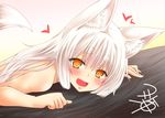  :d animal_ear_fluff animal_ears bangs blush commentary_request eyebrows_visible_through_hair fang fox_ears fox_girl fox_tail heart kohaku_(yua) long_hair looking_at_viewer lying nude on_stomach open_mouth orange_eyes original short_eyebrows slit_pupils smile solo tail upper_body white_hair yua_(checkmate) 