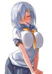  arms_at_sides between_breasts breast_press breasts closed_eyes closed_mouth cowboy_shot eyebrows_visible_through_hair food hair_ornament hair_over_one_eye hairclip hamakaze_(kantai_collection) kantai_collection large_breasts mouth_hold neckerchief own_hands_together pocky school_uniform serafuku short_hair short_sleeves silver_hair simple_background skirt solo v_arms white_background yellow_neckwear yostxxx 