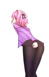  1boy :o artist_request ass blush bow casual covering covering_ass fate/apocrypha fate/grand_order fate_(series) from_behind hair_bow looking_back multicolored_hair open_mouth panties panties_under_pantyhose pantyhose pink_eyes pink_hair rider_of_black shiny shiny_hair short_hair simple_background skirt skirt_tug solo trap two-tone_hair white_background 