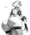  ass backless_outfit blindfold boots dated greyscale highres kenshin187 leaning_forward leotard looking_back monochrome nier_(series) nier_automata no_pants profile short_hair simple_background skindentation skirt skirt_removed solo thigh_boots thighhighs thighs white_background yorha_no._2_type_b 