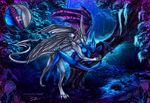  anthro blue_scales breasts cum cum_in_pussy cum_inside detailed_background digitigrade dragon duo female grass grey_scales horn male male/female night nipples outside penetration scales selianth sex spines tree vaginal vaginal_penetration 