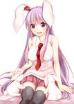 animal animal_ears bare_shoulders black_legwear breasts bunny bunny_ears bunny_tail collarbone commentary_request kue large_breasts lavender_hair long_hair looking_down necktie open_mouth pleated_skirt purple_hair red_eyes red_neckwear reisen_udongein_inaba shirt simple_background sitting skirt sleeveless solo tail thighhighs touhou very_long_hair white_background zettai_ryouiki 