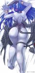  ass astaroth_(shinrabanshou) bare_legs bare_shoulders barefoot bed_sheet between_legs black_sclera blue_hair blue_skin blush breasts demon_girl earrings eyebrows_visible_through_hair from_above heart heart_earrings highres horns jewelry karappa large_breasts leotard long_hair looking_at_viewer looking_back lying on_stomach open_mouth pointy_ears sheet_grab shinrabanshou shiny shiny_skin shoulder_blades skindentation solo sweat tail tail_between_legs tongue tongue_out twitter_username veins wings yellow_eyes 