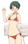  bikini blush breasts cowboy_shot embarrassed green_eyes green_hair kantai_collection kumadano looking_at_viewer lowleg lowleg_bikini mogami_(kantai_collection) navel open_mouth red_bikini short_hair side-tie_bikini simple_background small_breasts solo standing surfboard swimsuit waving white_background 