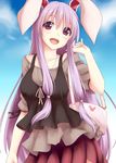  :d alternate_costume animal_ears bag blouse breasts bunny_ears bunny_head casual contemporary handbag kue long_hair looking_at_viewer open_mouth purple_hair red_eyes reisen_udongein_inaba ribbon skirt smile solo touhou very_long_hair 