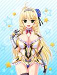  :d ahoge armor bikini_armor blonde_hair bow breasts choker christine_von_lerchenfeld drill_hair flower gauntlets green_eyes hair_flower hair_ornament highres honoo_no_haramase_motto huge_breasts long_hair open_mouth sheath sheathed smile squeez star starry_background striped striped_background sword thighhighs thong tiara weapon yuibi 