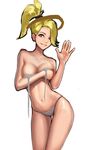  bikini blonde_hair bra breast_hold breasts collarbone contrapposto cowboy_shot grey_bikini grey_eyes high_ponytail highres jungon_kim long_hair looking_at_viewer mechanical_halo medium_breasts mercy_(overwatch) navel overwatch parted_lips shiny shiny_skin simple_background sketch smile solo standing swimsuit thigh_gap underwear undressing untied untied_bikini waving white_background 