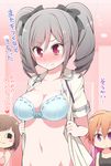  blue_bra blush bow bow_bra bra breasts brown_hair celebi_ryousangata cleavage commentary_request drill_hair groin idolmaster idolmaster_cinderella_girls kanzaki_ranko large_breasts long_hair maekawa_miku multicolored_hair multiple_girls navel ninomiya_asuka orange_hair pink_hair purple_eyes red_eyes school_uniform short_hair sideboob silver_hair translated twin_drills twintails two-tone_hair underwear undressing 