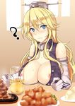  1girl ? alcohol bare_shoulders beer beer_mug blonde_hair blue_eyes blush breast_rest breasts cleavage closed_mouth commentary_request confused elbow_gloves food froth gloves hair_between_eyes headgear iowa_(kantai_collection) kantai_collection kuurunaitsu large_breasts long_hair looking_at_viewer meat nipple_slip nipples nose_blush sidelocks solo sweat tofu upper_body white_gloves 