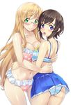  :o ass bare_shoulders bikini blonde_hair blush breast_press breasts brown_hair frilled_bikini frills futsuu_no_joshikousei_ga_locodol_yattemita glasses green_eyes highres hug kohinata_yukari long_hair looking_at_viewer multiple_girls nagayori navel open_mouth pleated_skirt polka_dot polka_dot_bikini purple_eyes short_hair simple_background skirt smile striped striped_bikini swimsuit symmetrical_docking usami_nanako white_background 