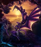  anthro breasts clothed clothing detailed_background dragon female horn membranous_wings non-mammal_breasts purple_scales rock scales selianth sitting smile solo spines spread_wings wide_hips wings 