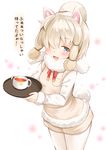  1girl :d alpaca_ears alpaca_suri_(kemono_friends) alpaca_tail animal_ears blonde_hair blue_eyes blush cup fujishima_shinnosuke fur_collar hair_over_one_eye holding holding_tray japari_symbol kemono_friends long_sleeves looking_at_viewer open_mouth pantyhose smile solo tail tea teacup tray white_legwear 