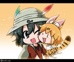  &gt;_o ;3 ;d animal_ears backpack bag black_hair blonde_hair blush brown_hair cheek-to-cheek chibi commentary elbow_gloves eyebrows_visible_through_hair feathers full_body gloves gradient gradient_background hat hat_feather helmet high-waist_skirt kaban_(kemono_friends) kemono_friends letterboxed multicolored_hair multiple_girls noai_nioshi one_eye_closed open_mouth pith_helmet red_shirt serval_(kemono_friends) serval_ears serval_print serval_tail shirt short_hair short_sleeves skirt sleeveless sleeveless_shirt smile solid_oval_eyes sparkle streaked_hair tail tareme teardrop twitter_username upper_body white_shirt 