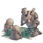  &lt;3 blue_eyes green_eyes machine nier nier_automata paper pascal_(nier_automata) pseude robot scissors simple_background tree_stump white_background 