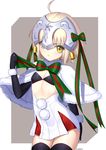  ahoge artist_name bell black_bikini_top black_gloves black_legwear bow breasts capelet cleavage cowboy_shot elbow_gloves eyebrows_visible_through_hair fate/grand_order fate_(series) gloves hair_bow highres jeanne_d'arc_(fate)_(all) jeanne_d'arc_alter_santa_lily lanzi_(415460661) looking_at_viewer miniskirt short_hair silver_hair simple_background skirt small_breasts solo standing striped striped_bow thighhighs white_background white_capelet yellow_eyes 