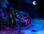 anthro black_scales blue_scales blue_tongue breasts detailed_background dragon duo female horn male membranous_wings moon night nipples nude open_mouth outside scales selianth sky star starry_sky tongue water wings 
