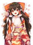  1girl :d bangs black_hair blush bow cheunes commentary cowboy_shot ema eyebrows_visible_through_hair floral_print flower frilled_bow frills fur_collar hair_bow hair_flower hair_ornament hair_tubes hakurei_reimu head_tilt highres holding japanese_clothes kanzashi kikumon long_hair long_sleeves looking_at_viewer obi open_mouth pink_flower red_bow red_eyes sash sidelocks smile solo standing touhou very_long_hair wavy_hair wide_sleeves 