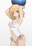  alternate_hairstyle aqua_eyes armpits arms_up ball beachball blonde_hair breasts casual_one-piece_swimsuit cleavage contrapposto covered_navel cowboy_shot darjeeling frilled_swimsuit frills girls_und_panzer grey_background hair_down large_breasts one-piece_swimsuit pyz_(cath_x_tech) simple_background smile solo standing swimsuit white_swimsuit 