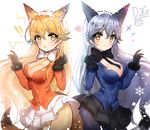  +++ 2girls absurdres animal_ears bad_id bad_pixiv_id black_gloves blonde_hair blush bow bowtie breasts cleavage ezo_red_fox_(kemono_friends) fox_ears fox_tail fur_trim gloves hair_between_eyes heart highres jacket kemono_friends large_breasts long_hair long_sleeves looking_at_viewer multicolored_hair multiple_girls necktie open_mouth pantyhose pleated_skirt silver_fox_(kemono_friends) silver_hair skirt snow snowflakes tail ttaji_(pass35) yellow_legwear 