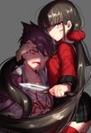  1girl bangs black_hair blood blood_on_face closed_eyes couple danganronpa earrings facial_hair frown goatee harukawa_maki holding holding_weapon injury jewelry knife long_hair long_sleeves looking_at_viewer mole mole_under_eye momota_kaito new_danganronpa_v3 open_clothes open_mouth pleated_skirt protecting purple_hair red_eyes red_legwear red_shirt school_uniform serious shirt short_hair skirt staring suurin_(ksyaro) thighhighs unconscious very_long_hair weapon white_shirt zettai_ryouiki 