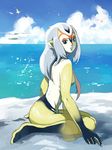  1girl artist_request bird blue_submarine_no_6 cloud kneeling monster_girl mutio ocean outdoors pointy_ears red_eyes silver_hair solo yellow_skin 