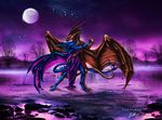  anthro blue_scales claws clothed clothing detailed_background digitigrade dragon duo eyes_closed female horn male membranous_wings moon night outside rock scales selianth sky standing star starry_sky water wings 