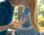  1girl blonde_hair blurry blurry_background blush charlotta_fenia commentary_request dress ear_blush french_kiss gran_(granblue_fantasy) granblue_fantasy harvin head_out_of_frame hetero holding_hands kiss long_hair pointy_ears puffy_short_sleeves puffy_sleeves short_sleeves size_difference tongue walkalone 