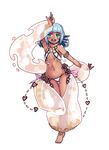  :d apsara_(monster_girl_encyclopedia) arm_up armlet armpits ass_visible_through_thighs baggy_pants bangs bare_shoulders barefoot blue_hair blunt_bangs blush breasts dancer dancing dark_skin full_body green_eyes groin head_fins heart highres jewelry looking_at_viewer monster_girl_encyclopedia nav navel neck_ring open_mouth pants short_hair simple_background small_breasts smile solo standing standing_on_one_leg thigh_gap tiptoes white_background younger 