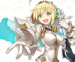  aestus_estus ahoge aya_shachou belt blonde_hair bodysuit breasts chain commentary_request covered_nipples fate/extra fate/extra_ccc fate_(series) flower gloves green_eyes holding holding_sword holding_weapon lock looking_at_viewer medium_breasts nero_claudius_(bride)_(fate) nero_claudius_(fate)_(all) outstretched_arm padlock petals shiny shiny_hair simple_background smile solo sword upper_body veil weapon white_background zipper 