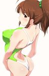  akizuki_ritsuko antenna_hair ass breasts brown_eyes brown_hair butt_crack competition_swimsuit covered_nipples cowboy_shot dimples_of_venus from_above from_behind green_swimsuit idolmaster idolmaster_(classic) large_breasts long_hair looking_at_viewer looking_back nape no_eyewear one-piece_swimsuit one-piece_thong ponytail solo standing swimsuit tengu_(tetuo_kun) 