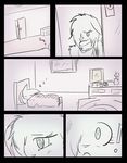  2017 anthro bed black_and_white black_nose blush canine clothed clothing comic digital_drawing_(artwork) digital_media_(artwork) door drama duo e-01 fail_zero feels female flowerpot fur hair mammal mirror monochrome on_bed pillow sad scarf simple_background sleeping tears television white_fur wolf zero_one 