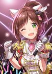  absurdres across_the_stars animal_ears blush brown_hair cat_ears commentary_request dress epaulettes eyebrows_visible_through_hair fang feathers gloves glowstick green_eyes hair_feathers hair_ornament highres idolmaster idolmaster_cinderella_girls idolmaster_cinderella_girls_starlight_stage looking_at_viewer maekawa_miku microphone one_eye_closed open_mouth plaid plaid_dress short_hair short_ponytail short_sleeves smile solo stage_lights takeashiro tearing_up tied_hair white_gloves 