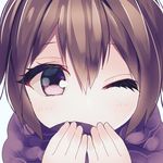  brown_hair close-up covering_mouth eyebrows_visible_through_hair eyelashes face hair_between_eyes highres looking_at_viewer omucchan_(omutyuan) one_eye_closed purple_scarf reflective_eyes scarf short_hair simple_background solo tareme upper_body white_background 