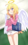  10s 1girl ahoge angel angel_wings bag blonde_hair blue_eyes blush bow bow_panties ceiling gabriel_dropout hair_between_eyes halo hands_together long_hair long_sleeves open_mouth pantyshot pantyshot_(standing) red_bow shiny shiny_skin solo standing tenma_gabriel_white trg_(pixiv) underwear white_panties 