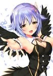  :d absurdres armpits black_dress black_ribbon black_wings blush breasts cleavage crystal detached_collar dress feathered_wings hair_ornament hairclip hand_on_own_chest highres idolmaster idolmaster_cinderella_girls koshimizu_sachiko lavender_hair matarou_(genkai_toppa) open_mouth orange_eyes ribbon scan short_hair small_breasts smile solo wings wrist_cuffs 