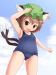  1girl animal_ears armpits bare_arms bare_legs bare_shoulders blue_sky blush brown_eyes brown_hair cat_ears chen child cloud collarbone day earring fang from_below gluteal_fold looking_at_viewer looking_down mob_cap multiple_tails one-piece_swimsuit open_mouth outdoors sky standing swimsuit tail touhou w-tuna 