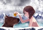  animal banned_artist bare_shoulders brown_eyes brown_hair capybara closed_eyes commentary from_side headgear_removed kantai_collection nude onsen rock short_hair smile snow snowing steam tachikoma_(mousou_teikoku) water yukikaze_(kantai_collection) 