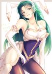  animal_ears blush breasts bunny_ears bunnysuit cecilia_(fire_emblem) cleavage cowboy_shot elbow_gloves fake_animal_ears fire_emblem fire_emblem:_fuuin_no_tsurugi fire_emblem_heroes gloves green_eyes green_hair large_breasts long_hair naughty_face oka_(umanihiki) pantyhose smile solo strapless translated white_gloves 