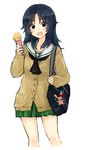  bag bangs black_neckwear blouse blue_eyes blue_hair brown_sweater bunny cardigan carrying cowboy_shot food freckles girls_und_panzer green_skirt holding holding_food ice_cream_cone long_hair long_sleeves looking_at_viewer miniskirt neckerchief oimo_mushi ooarai_school_uniform open_mouth pleated_skirt school_bag school_uniform serafuku simple_background skirt smile solo standing stuffed_animal stuffed_toy sweater white_background white_blouse winter_clothes yamagou_ayumi 