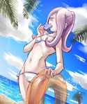  beach bikini breasts cloud collarbone day emaciated food hair_over_one_eye ice_keki innertube little_witch_academia long_hair micro_bikini navel ocean outdoors pale_skin palm_tree ponytail popsicle purple_hair red_eyes ribs side-tie_bikini sky small_breasts solo sucy_manbavaran swimsuit tree water 