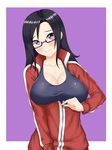  absurdres bad_revision black_hair blush breasts cleavage closed_mouth collarbone cowboy_shot demi-chan_wa_kataritai glasses hair_between_eyes heart heart-shaped_pupils highres inconvenient_breasts jacket keshigomu large_breasts long_hair md5_mismatch outside_border purple_background purple_eyes red-framed_eyewear resized satou_sakie semi-rimless_eyewear shirt smile solo symbol-shaped_pupils track_jacket upscaled zipper 