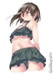  1girl arms_behind_back bikini blush breasts brown_eyes brown_hair commentary_request ebifurya eyebrows_visible_through_hair green_bikini hair_between_eyes highres kantai_collection looking_at_viewer looking_down open_mouth short_hair_with_long_locks simple_background small_breasts solo swimsuit taihou_(kantai_collection) twitter_username white_background 