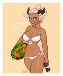  animal_humanoid bikini caprine clothing female goat_humanoid hair horn humanoid looking_at_viewer mammal nox_(artist) smile solo standing sweat swimsuit tongue tongue_out 