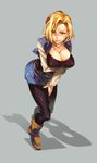  android_18 blonde_hair blue_eyes blush boots breasts collarbone dragon_ball full_body grey_background highres jacket juvecross large_breasts leaning_forward long_sleeves looking_to_the_side number open_clothes open_jacket pantyhose pink_lips simple_background skirt solo sweatdrop tank_top torn_clothes torn_sleeves 