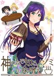  &gt;:) 3girls :&lt; apron ayase_eli bad_id bad_pixiv_id bangs black_hair blonde_hair blush_stickers bowl commentary_request elbows_on_table floral_print glint glowing green_eyes head_scarf highres holding holding_bowl kami_nomi_zo_shiru_sekai ladle long_hair long_sleeves looking_at_viewer love_live! love_live!_school_idol_project multiple_girls neck_ribbon parody pink_scrunchie ponytail print_skirt purple_hair red_eyes ribbon scrunchie shishamo_(scholacco) skirt smile sweater table toujou_nozomi twintails v-shaped_eyebrows yazawa_nico 
