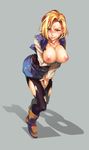  android_18 areolae blonde_hair blue_eyes blush boots breast_hold breasts breasts_outside collarbone dragon_ball full_body grey_background highres jacket juvecross large_breasts leaning_forward long_sleeves looking_to_the_side nipples no_bra number open_clothes open_jacket pantyhose pink_lips simple_background skirt solo sweatdrop torn_clothes torn_legwear torn_sleeves 