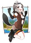  :d absurdres american_beaver_(kemono_friends) animal_ears antenna_hair arms_up beaver_ears beaver_tail bike_shorts bikini_top black_bra blush boots bra breasts cleavage collarbone elbow_gloves full_body fur_collar gloves gradient grey_hair hair_ornament hairclip highres jacket jumping kemono_friends looking_at_viewer medium_breasts medium_hair multicolored_hair navel open_clothes open_jacket open_mouth shorts simple_background sleeveless smile solo tail teeth torn_clothes two-tone_hair underwear unzipped vice_(kuronekohadokoheiku) white_background 