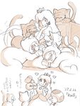  1girl catsuit clone comic crown cuddling dress earrings lips long_hair mario multiple_boys nintendo princess_peach sketch sleeping super_mario super_mario_3d_world text toad 